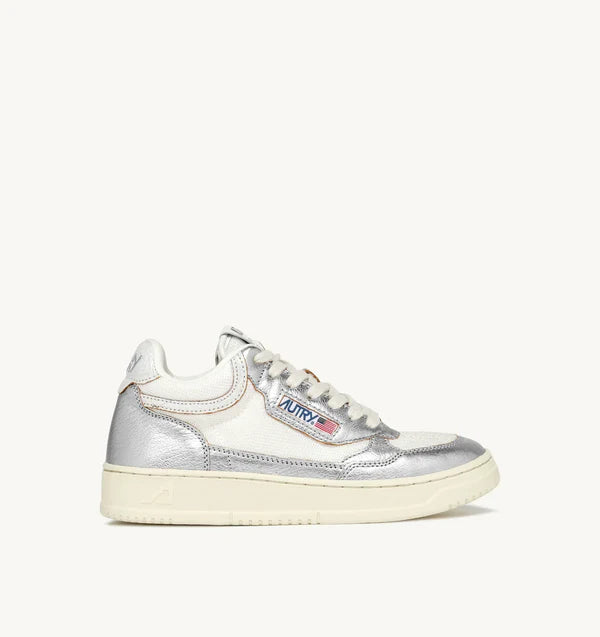 BASKET OPEN MID EN TISSU BLANC ET EN CUIR ARGENT