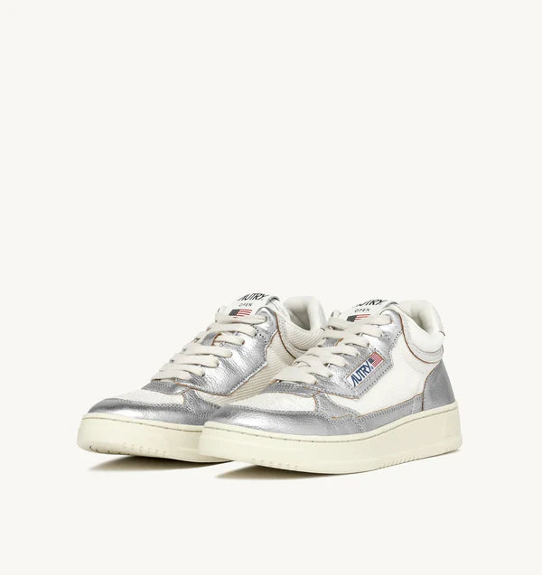 BASKET OPEN MID EN TISSU BLANC ET EN CUIR ARGENT
